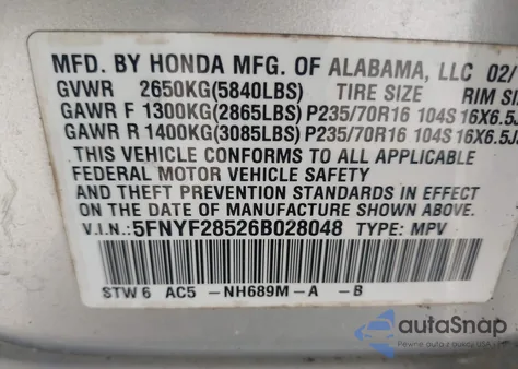 2006 Honda Pilot Ex-L z USA, uszkodzony, nr VIN 5FNYF28526B028048